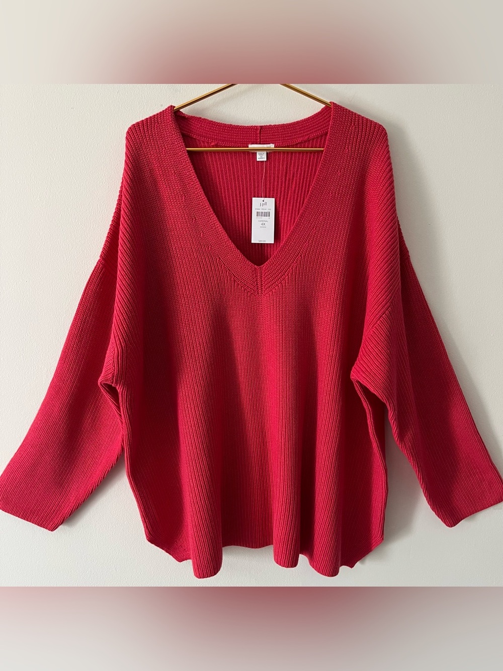 J. Jill NWT Shaker Knit CozyV-Neck Sweater Cardinal Pink Fall Winter 4X.